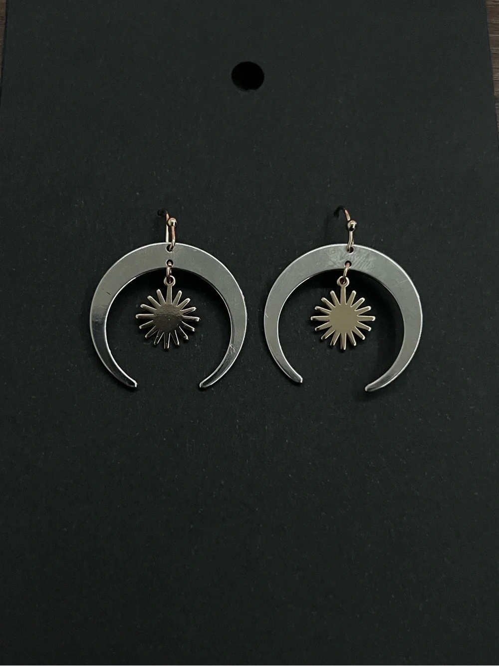 Celestial Sun & Crescent Hoop Drop Earrings Gold Tone Boho Minimalist Dangle